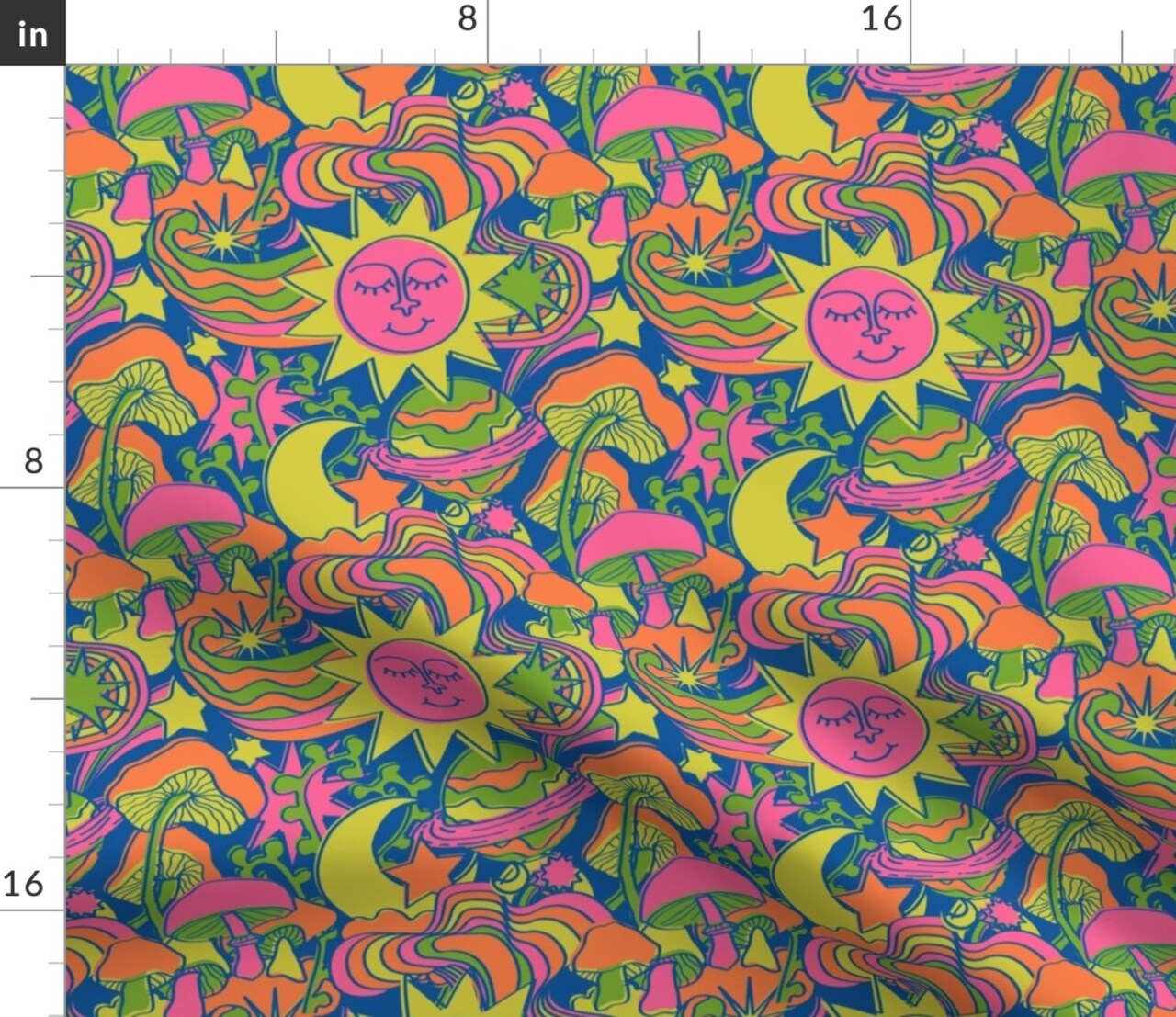 Neon Suns Blue Groovy 70S 1970S Retro Whimsical Moon Stars Boho Colorful Hippie Custom Printed Fabric by Spoonflower Various Fabrics by the Yard or Fat Quarter